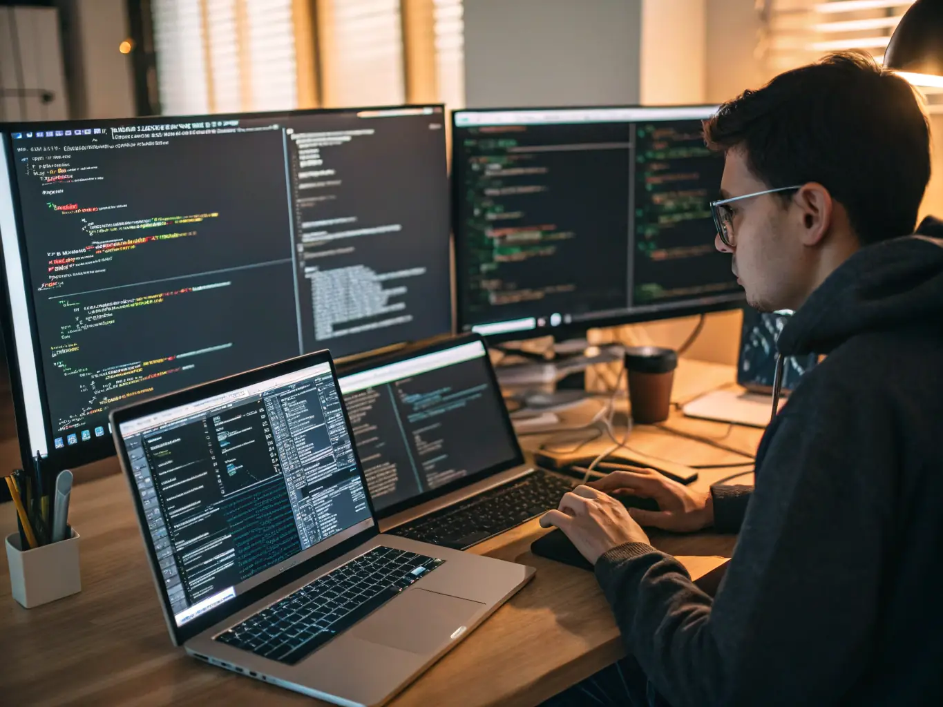 An image showing a team of developers working on software interfaces on multiple screens, collaborating on a custom software project.
