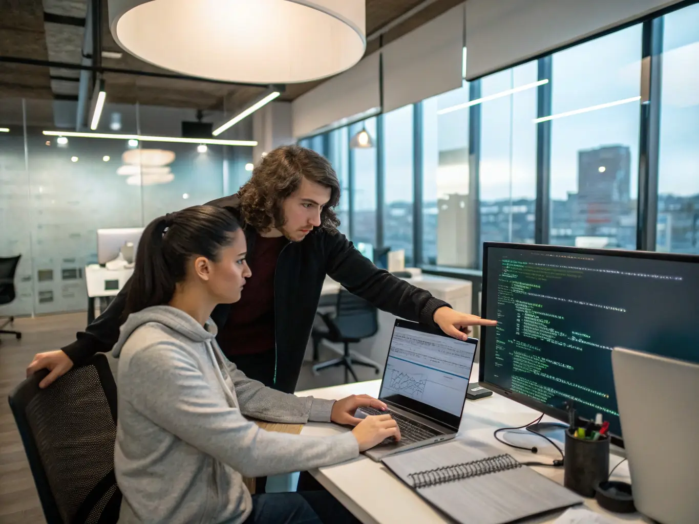 Software developers working on a custom software application, writing code and testing functionality to ensure a high-quality, scalable solution.