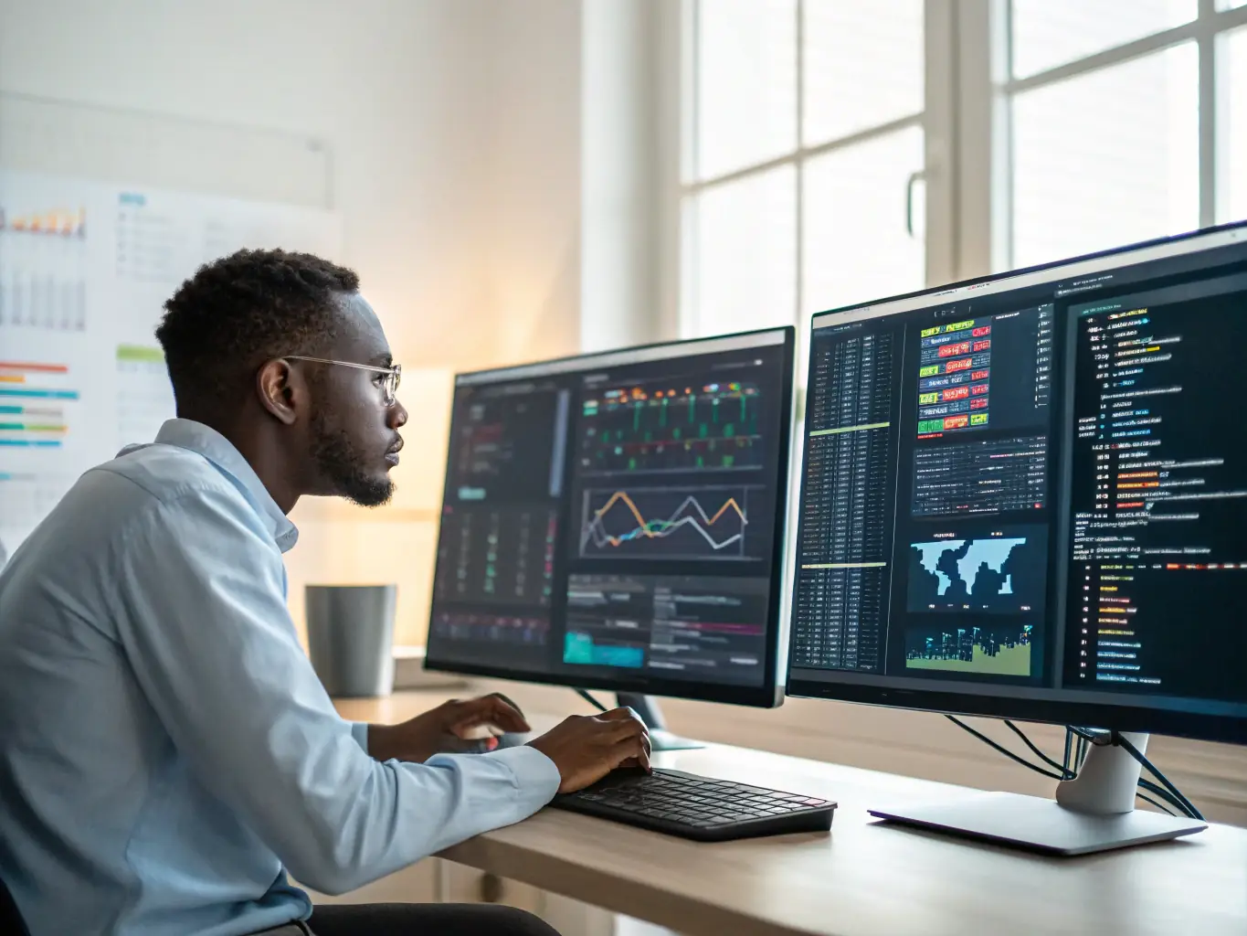 A data scientist analyzing complex datasets, highlighting the company's capabilities in data analysis and predictive modeling.