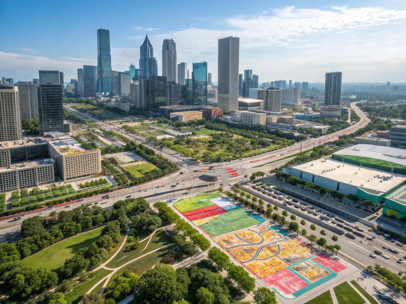 An aerial view image showcasing a city being mapped with various data points overlaid, representing government and urban planning.