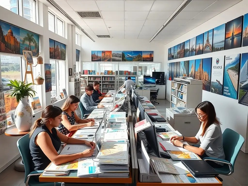 A vibrant image depicting a bustling travel agency, with employees assisting customers and maps displayed in the background, symbolizing the travel and tourism industry.